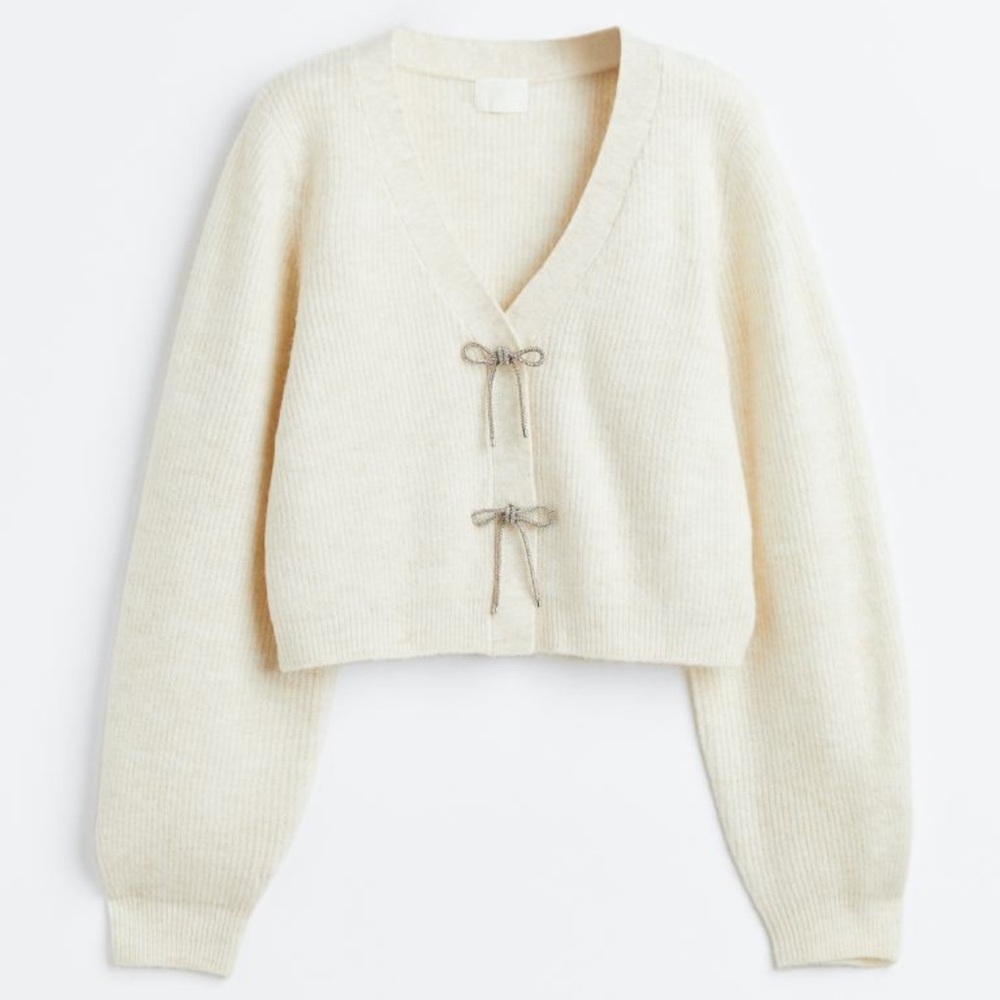 H&M Rhinestone Bow Tie Off-White Cardigan